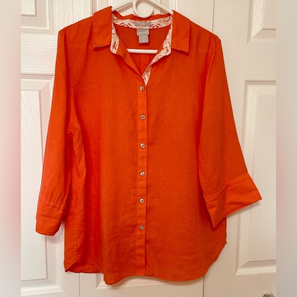 Chico’s No Iron Women’s Size L button down orange Linen - Picture 1 of 10